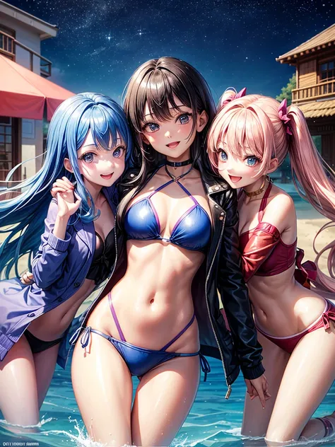 best quality，，smile，blazer，swimsuit，nepal，Beautiful girl with superpowers，Psychic，High-dimensional beautiful girl，Group photo，Several girls are depicted，Girls hugging each other，leather jacket，全く新しいSwimwear，未来のSwimwearコーデ，美しいbikini，Multidimensional beautif...