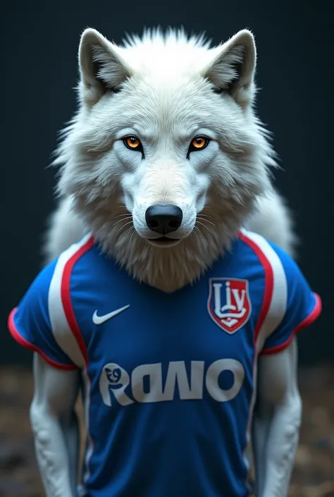 Wolf. White on the back with an Olympique Lyonnais football jersey with PRIMO 69 flocking 