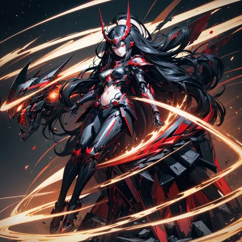 Anime style adult woman long black hair,  with red eyes too, On her head she has a helmet that looks like a crown, her body is mechanical, her belly has exposed skin, her armor is black with red and around her there are dark colored crystals forming a semi...