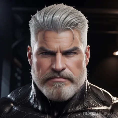 a muscular man, quiff hairstyle, gray hair, gray mustache, gray beard, venom symbiote, large white spider logo on symbiote, hand...