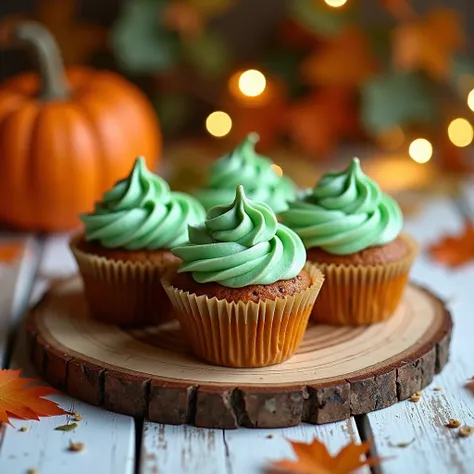 Enjoy your Beautiful and delicious  Pumpkin Spice Cupcakes - Spiced cupcakes with green -flavored frosting. at rustic wooden  plate ,autumn dessert on white  rustic table, fresh coffee , fairy lights bokeh, gren orange leaves , autumn  items  , AUTUMN  out...