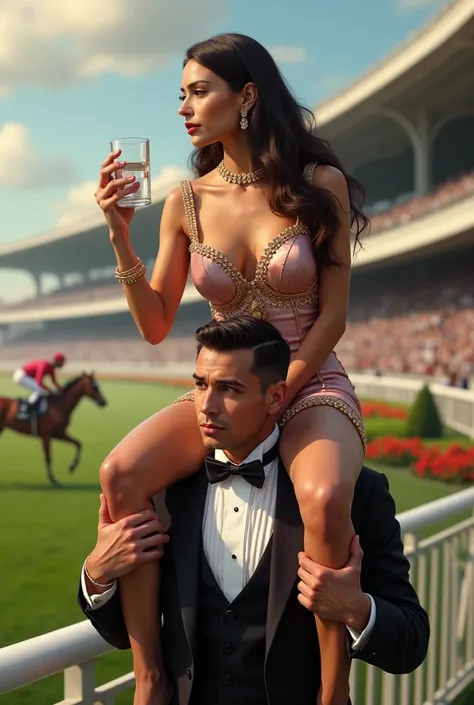 Sexy millionaire woman runs a horse race on her butler&#39;s shoulder while wasting water without giving it to her thirsty butler 