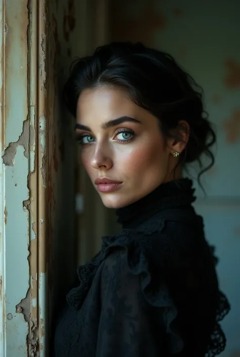 Pretty eyes,beautiful woman,French twist,Blue black, abandoned mansion, looking away, Canon EF
