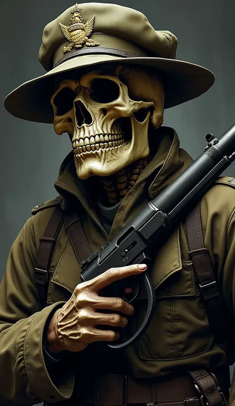 An army skull, with a gun in his hand and the name Thiago Faria on his hat