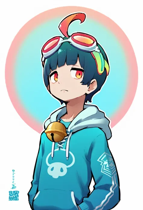 score_9, score_8_up, score_7_up, score_6_up, source_anime, ahoge, blunt bangs, bell, goggles, male, male only, hoodie, sweatshirt, vibrant color, doyagao, Surrealism, 8k, super detail