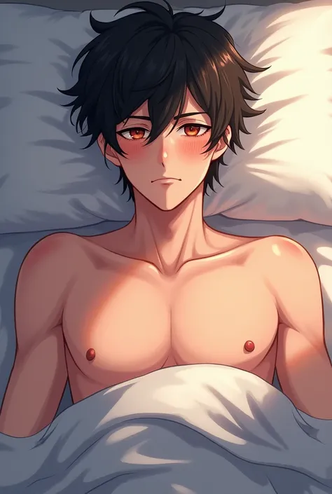 black hair man, wearing no shirt, lying on a bed with shy facial expression, anime style