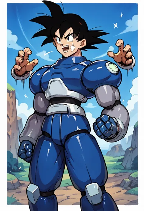 highest quality,raw photos,professional art works,guts pose,m3g4m4n,blue armor,muscular,the face is goku,