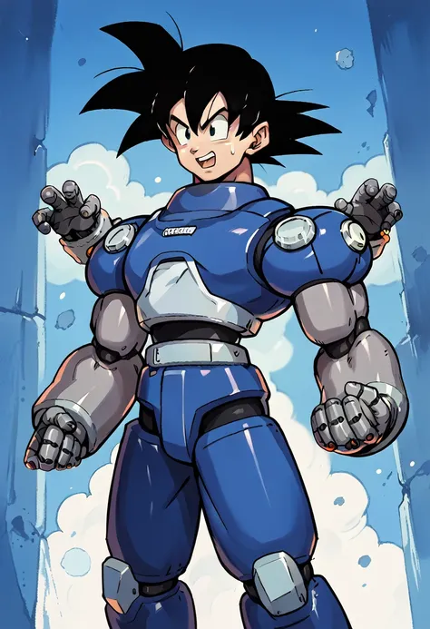 highest quality,raw photos,professional art works,guts pose,m3g4m4n,blue armor,muscular,the face is goku,cyborg