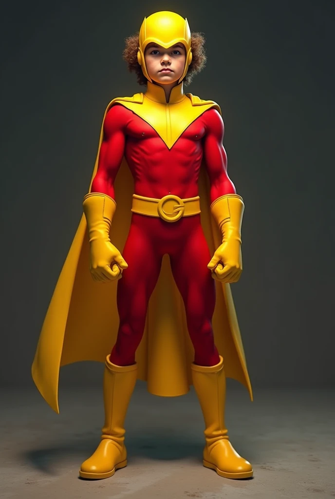 Superhero in red suit with yellow gloves, yellow boots and yellow helmet with brown hair sticking out above without a cape and teenager 