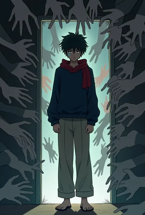 A depressed teenager with a bandage on his cheek, midnight blue and blood red blouse, hoodie, wide beige pants. entering a door with 1000 hands symbolizing guilt and scars (anime version)