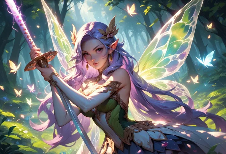 cinematic shot of a adult female magical fairy, beautiful face details and long hair, holding a magical glowing sword in an epic...