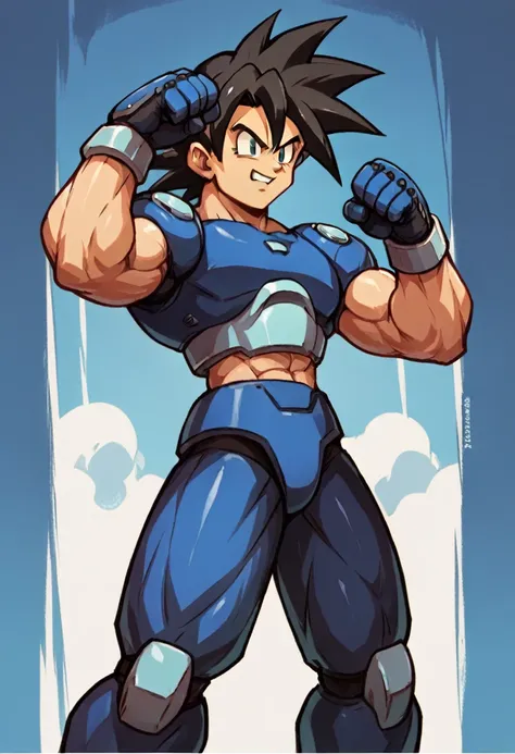 highest quality,raw photos,professional art works,guts pose,m3g4m4n,blue armor,muscular,the face is goku,super saiyan,