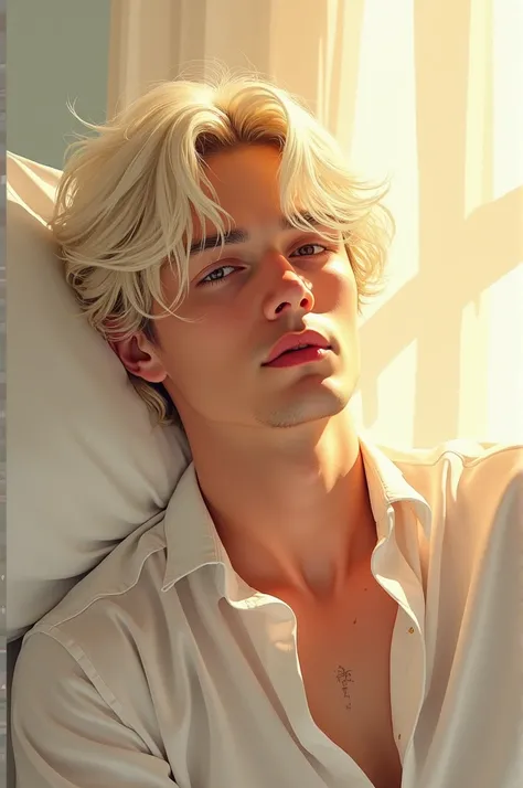 Lucas Lynggaard tønnesen blond-white hair. Create an illustration with a soft, painterly aesthetic. The art should feature warm, muted color tones, with light blending that evokes a golden, sunlit atmosphere. The brushstrokes should be loose but deliberate...