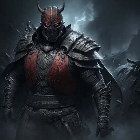 a fallen samurai standing in the middle of a devastated battlefield, cracked red armor with intricate details, majestic helmet, face under the mask, ghostly shadows, rising smoke, gloomy ruins, misty background, dramatic lighting, majestic composition, (be...