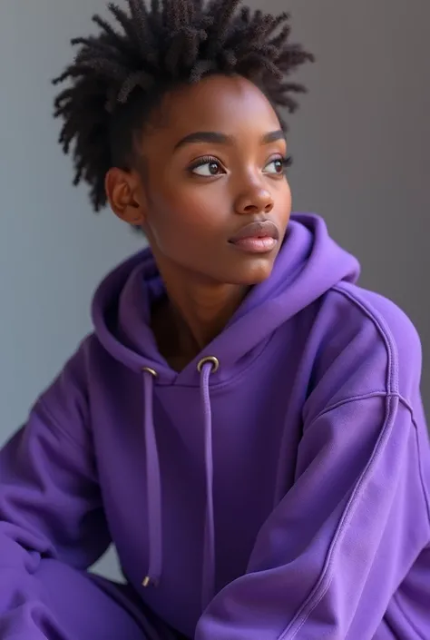 A light brown skinned person wearing a purple sweatshirt
