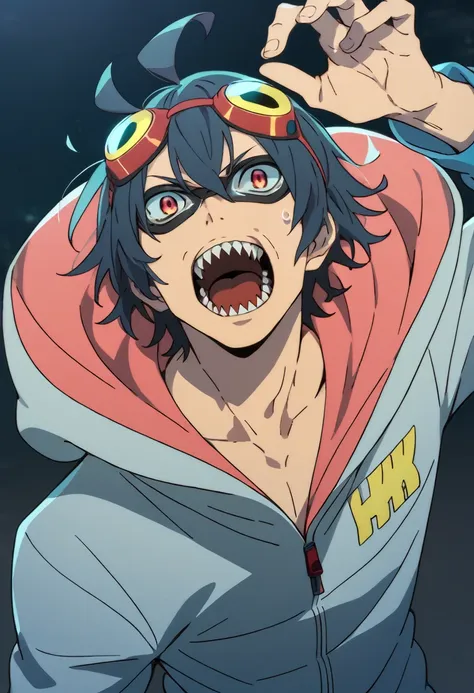 score_9, score_8_up, score_7_up, score_6_up, source_anime, ahoge, sharp teeth, goggles, male, male only, hoodie, sweatshirt, vib...