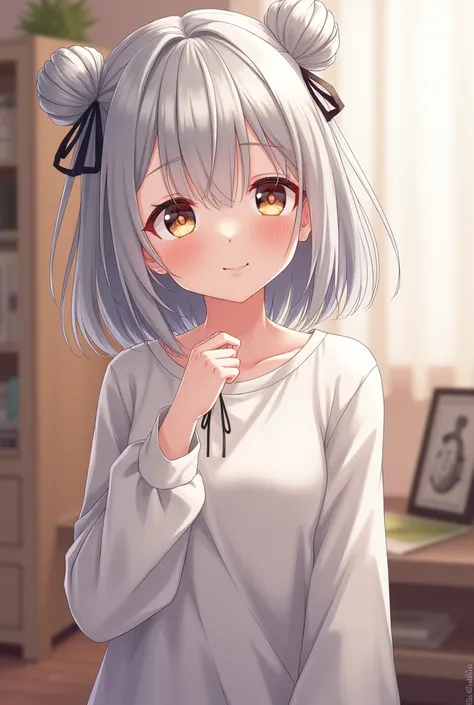 solo, Very detailed, Silver Hair, Bangs, chest, smile, Wide-angle shot, ribbon, anime, awkward, Short height double bun hairstyle, Rumbling, Character profile, one&#39;s home