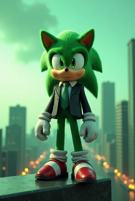 Special Sonic, green color, features a businessman costume standing on a business company, high-quality animation, green eye 