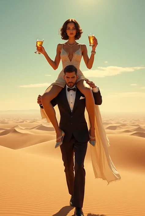 Sexy millionaire woman walks in the desert on her butler&#39;s shoulder while she drinks water  