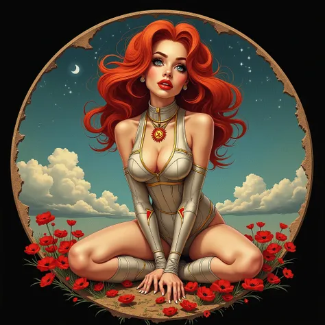 A stunning, ultra-detailed atompunk illustration, modern fabric print, trending on tiktok, (masterpiece:1.2), (high quality: 1.2), (cute, petite:1.2), 4, redhead, dynamic pose, cute slutty face, mature, muscular body, long eyelashes, high tail, space suit ...