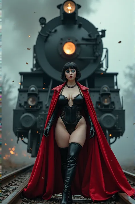 Dark short haircut blue eyes vampire gothic girl lingerie big boobs big butts muscled BBW sexy beautiful red short cape stops a train with her body running it over the locomotive is destroyed in its front part and she is in the middle of the mass of crushe...