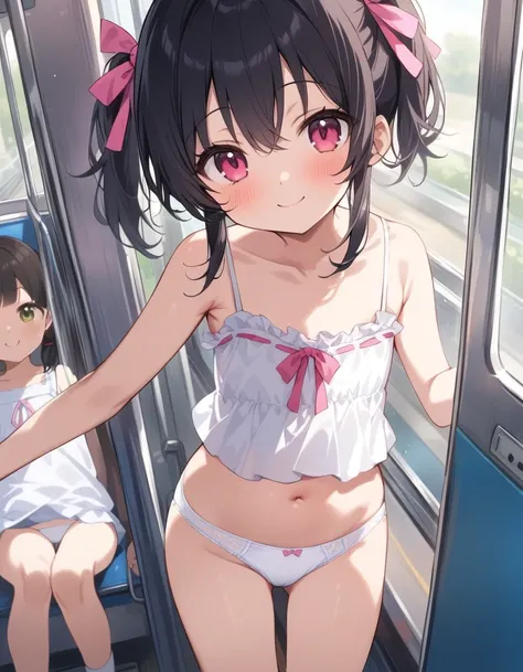 (Highest quality), (masterpiece), (detailed),Very young,Japanese elementary school girls,cute,(One woman),(Inside the train),View your viewers,Black Hair,Short pigtails,(White camisole)、(White panties)、navel、Thigh、smile、Pink ribbon