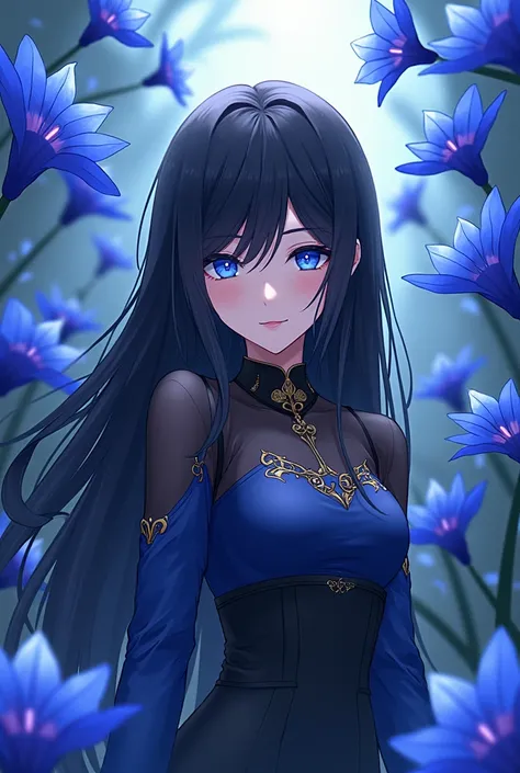 Anime character with long black hair and blue eyes and wearing the uniform of the pillars with a background of blue spider lily flowers
