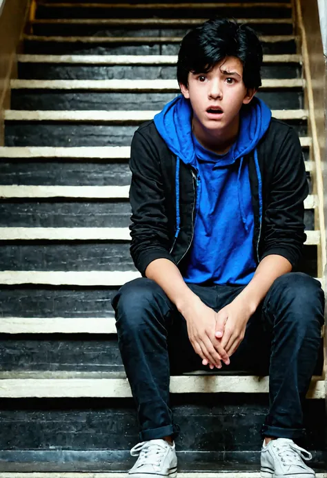 a teenage man with black hair and simple casual clothes scared sitting on the stairs