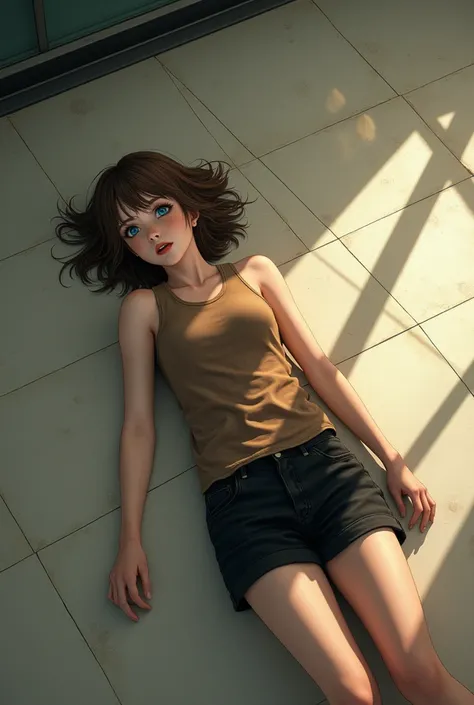  girl, Whole body view detailed face, detailed face, at the mall with blue eyes and brown hair in a ponytail, ultra realistic photography, Whole body view, Whole body, very small chest, lying dead on her back on the ground, wearing a brown multi-fabric tan...