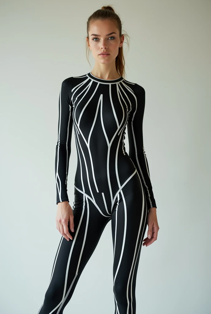 1 slim pretty Caucasian woman wearing a spandex catsuit covered with narrow black and white stripes. It covers her full body and arms and legs. 