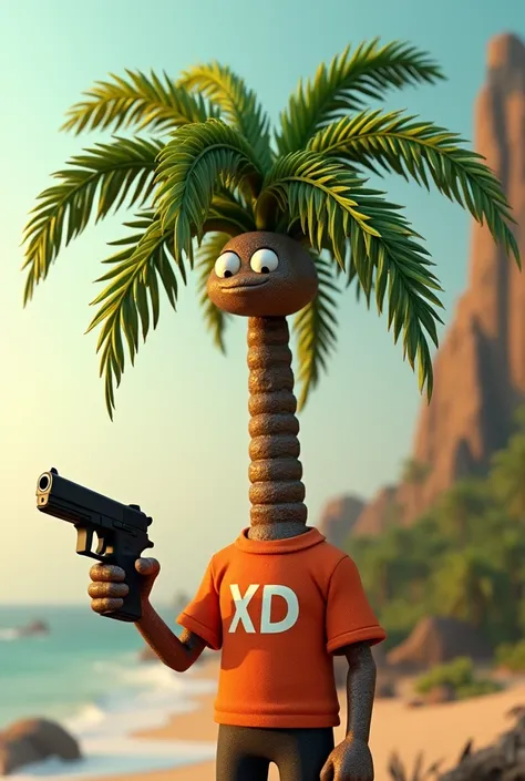 3D palm tree with a t-shirt that says "xd" with a gun