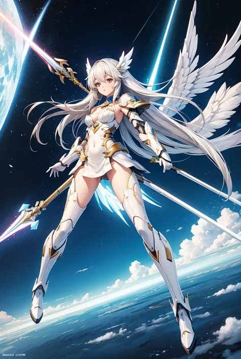 White long hair girl，flat chest，cleavage，White tights，white sci-fi armor，Photon wings，Bare Legs，mechanical boots，spear，Sky，Baiyun，High resolution, 