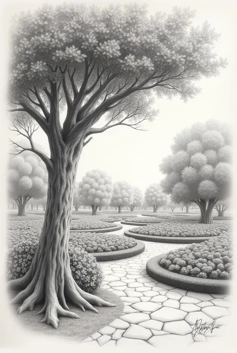 On a sheet of paper, make a pencil drawing of a tree with shade and many shaded gardens behind it.