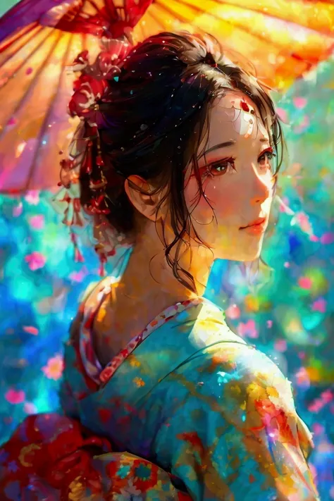 A close-up of a beautiful 40-year-old Japanese woman dressed as an oiran, with a rainbow shining in the background on a clear, sunny day. The focus is on her face, highlighting her beauty and grace. The watercolor style features no white, with heavy emphas...