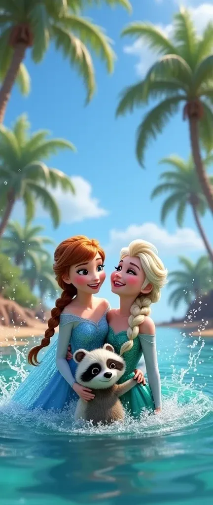 A photo of Disneys Elsa and Anna from Frozen enjoying a whirlpool with a fluffy baby raccoon. Elsa wears a blue dress and Anna wears a green dress. The raccoon has a white coat and black mask. All of them are laughing and splashing. The background is a tro...