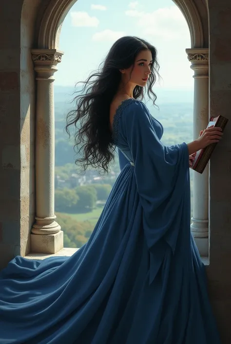 long hair woman, dark, with an elegant but simple medieval dress, color blue. She is leaning out of a castle window looking down as she accidentally drops a book. The view is from below.