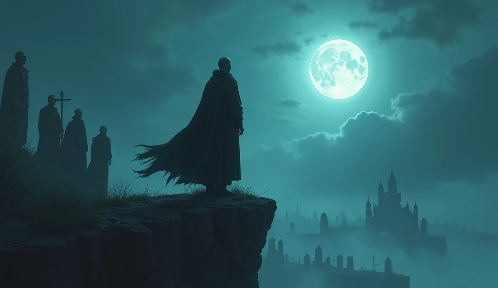 "A medieval monk stands tall on a cliff overlooking a mist-filled necropolis, while dark, looming figures of intimidation and control encircle him from below. The moon, glowing in hues of yellow and white, casts an ethereal light, contrasting with the indi...