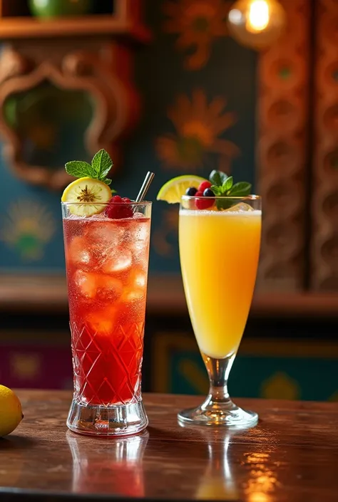 An image of 2 cocktails in the background of a bar with decorations from Peru and Colombia 