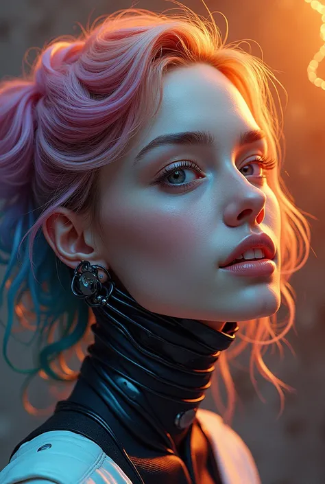 instaport style, instaport style, portrait of a cyborg , detailed gorgeous face, flawless, hypermaximalist thunderstorm style, amber, lightning, happiness, swirled rainbow hair infusion, perfect smile, rich deep colors, Ross Tran, Sam Yang, Tom Blackwell, ...