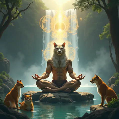 Felino guerreiro, meditando, com fundo de cachoeira, com panteras, gatos e raposa, aura, energia, sol no centro,nirvana samkdkoyhepiraopfiwq3 m amsirfyw3qipohnriojwq cjnwqurtfgwiopqfmwoqt