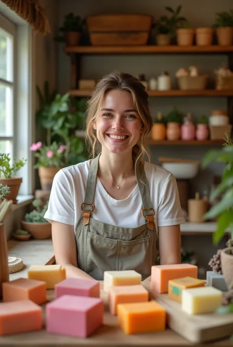 A smiling WHITE woman in a handmade SOAP work environment, surrounded by its products.