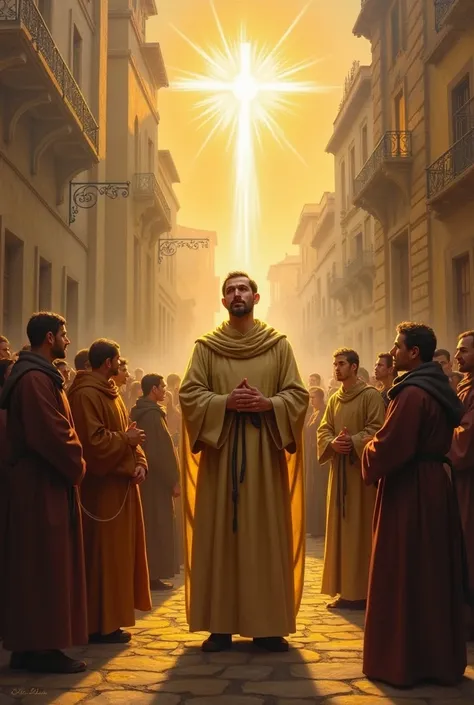 In Santiago, Saint Francis receives a divine revelation about the expansion of the Order and the need to found many convents. After the revelation, He returns to the place where he left Brother Bernardo.