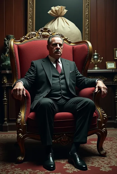 dictator sitting on a chair with a bag of embezzled money behind him, side image