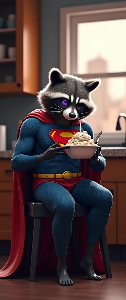 A 3D render of a realistic raccoon, Superman, with a purple bruise around his eye. The raccoon is seated in a cozy, well-lit kitchen. He is wearing his iconic red cape, which is draped over a chair. Superman is comforting himself with a large bowl of ice c...