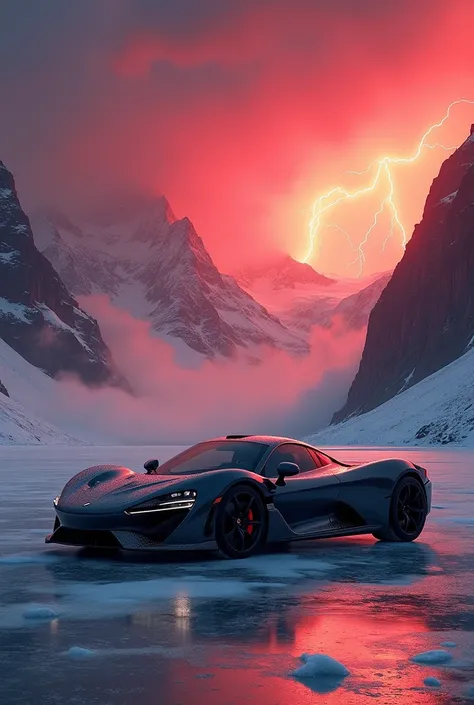 Frozen lake red sunset mountains lightning supercar
