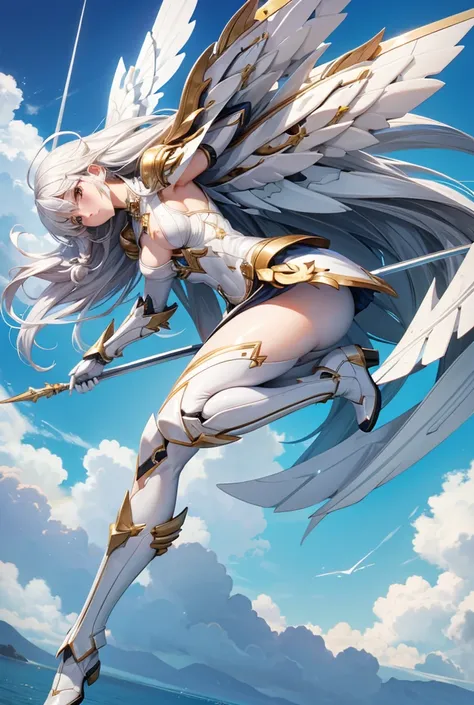 White long hair girl，flat chest，cleavage，White tights，white sci-fi armor，Mechanical wings，Bare Legs，mechanical boots，spear，Sky，Baiyun，High resolution, 