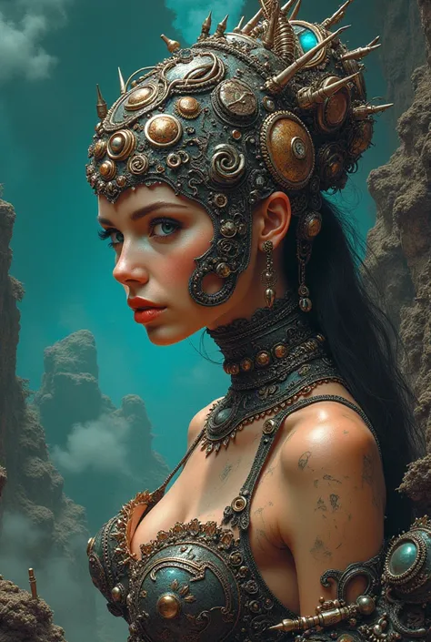 "A striking and surreal illustration inspired by the style of John howe  capturing a provocative fantasy that intertwines themes of allure . The scene features a futuristic landscape filled with metallic elements and  captivating characters. The characters...