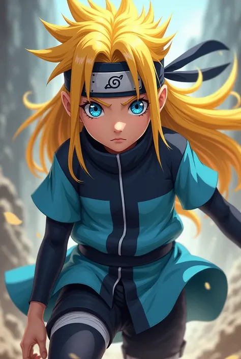 Anime character with long yellow hair and blue eyes who has the Naruto ninja band and the uniform is light blue and dark blue with black features with black shorts and tights on the arms