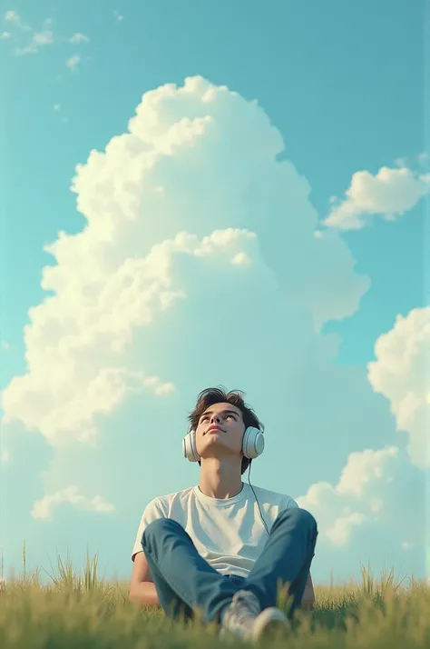 Create a drawing of a young man who is wearing headphones and is lying down listening to music while looking at the clouds 