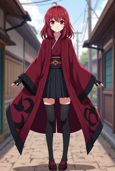 screenshot kimetsu no yaiba, Girl with waist-length hair with crimson red tips, crimson red eyes, with eyeliner, in her hunter uniform, with a skirt, thigh-high stockings, getas and dark red haori with black moons on the edges. I want the complete characte...